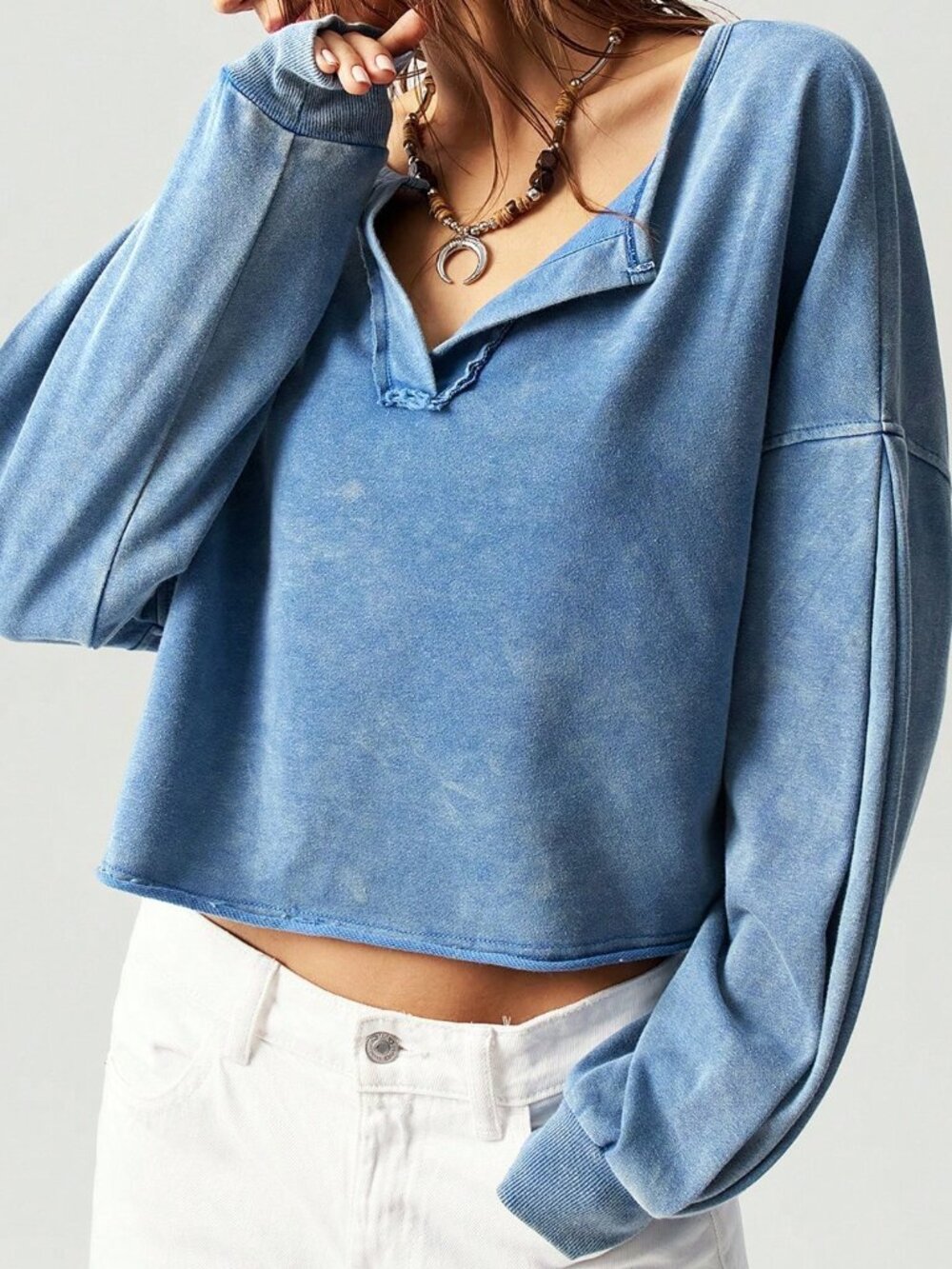 Blue Casual Women's Button V-Neck Knit Long Sleeve Oversized Pullover